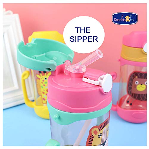Image of Koochie-Koo Plastic One Touch Open Cute Lion Printed Handy Transparent Sippy Cup Bottle with Handle, Straw and Strap for Kids, Water Bottles for Toddler Boys & Girls (Green, 450 ml)