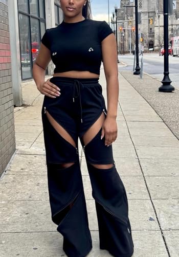 Unybwonn Women High Waist Wide Leg Y2k Sweatpants Baggy Patchwork Multi Zipper Ripped Cutout Joggers Pants Streetwear2