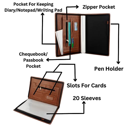 PU Faux Leather Deluxe B4 Size Document Holder 20 Leafs Zipper File Folder Organizer for Certificates, Marksheets, Degrees, Interview Portfolio, Important Papers (Brown, File Folder)