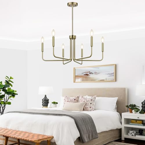 Lynnoland Brass Chandelier, 6-Light Farmhouse Chandeliers for Dining Room Lighting Fixtures Hanging, Vintage Candle Pendant Light Light Fixture for Bedroom, Kitchen, Foyer and Living Room