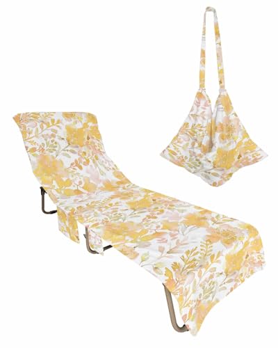 Beach Pool Patio Lounge Chaise Chair Cover Towel with Pockets,Orang Yellow Floral Absorbent & Quick Dry Microfiber Towel Cover Bag Summer Travel Accessories Abstract Contemporary Leaves Flower Herb