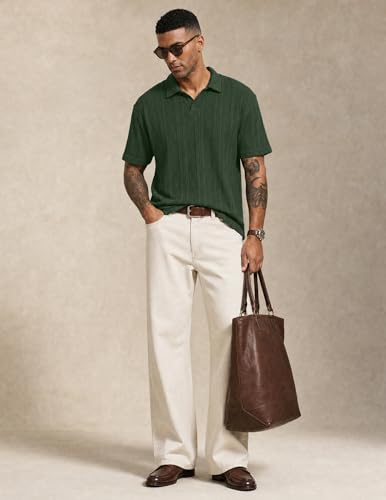 Image of JMIERR Mens Polo Shirt Textured Knit Button Casual Short Sleeve Summer Vacation Beach Stretchy Golf Shirts