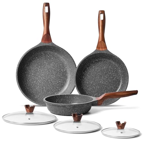 RIOVARM Antiadherente Juego de sartenes con tapas Inducción Juego de sartenes con mango resistente al calor Granito Sartén para tortillas sin PFOA Mármol Batería de cocina 20cm 24cm 28cm