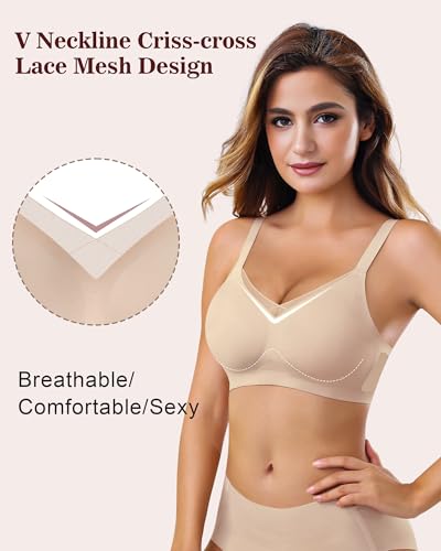 Womens Bra No Underwire Seamless Wireless Bra with Soft Support V Neck Mesh Bras Lace Bralette Everyday Bra - Image 3