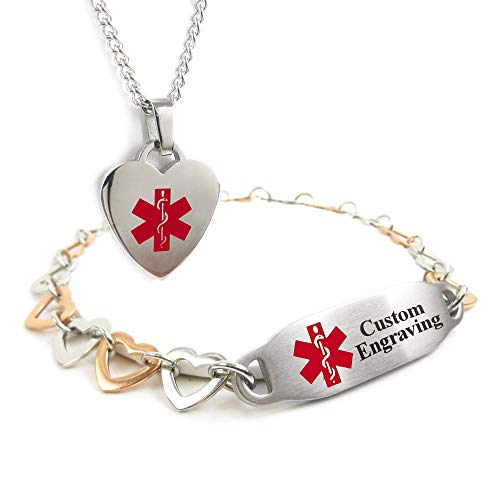 My Identity Doctor - Custom Engraved Women's Medical ID Bracelet and Heart Necklace, Stainless Steel, 7.5 Inches