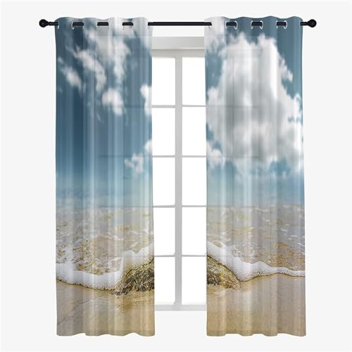 Odot Bedroom Voile Curtains for Windows, 3D Ocean Waves Pattern Semi Transparent Curtain 2 Panels Semi Sheer Curtains with Eyelets Light Filtering Tulle Window Curtain (Ocean Waves,132x244cm) - Image 3