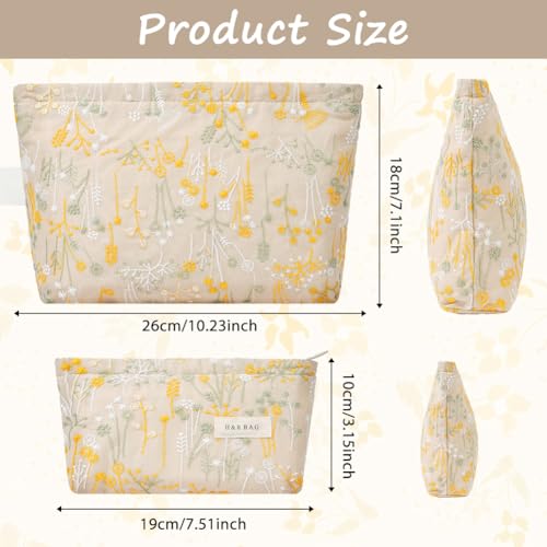 Aucuu Neceser de Maquillaje, 2 PCS Paquete Neceser con Bordado Floral, Bolsa de Monedero para el Almacenamiento, Estuche Portátil para Mujer y Niña, Ideal para Viajes - imagen 2
