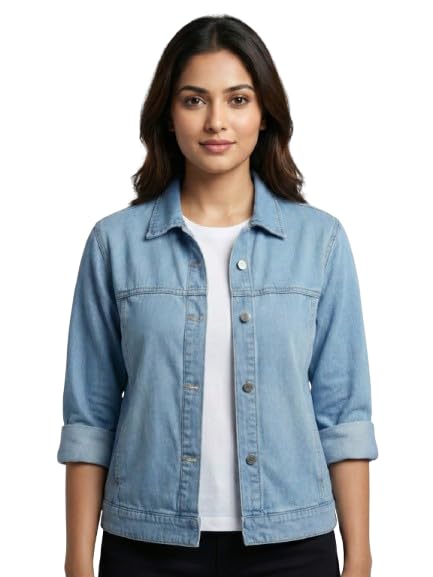 autumn hues Unisex Blue Denim Bomber Button-Down Shirt with Washed Effect-picture-42