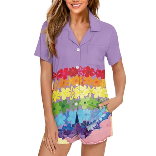Image of Pjs Womens Short Sleeve Button Down Pajamas Set Two-Piece Nightwear with Pockets