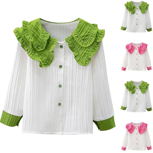 Girls Color Block Ruffle Big Collar Shirt Cute Button Down Long Sleeve Blouse Comfy Cotton Top for 3-13 Years2