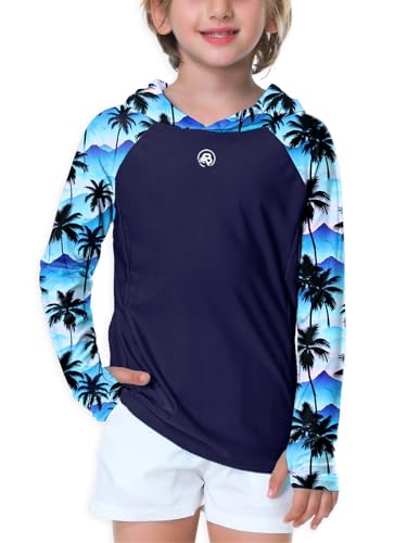 Image of AOBUTE Unisex Kids Long Sleeve Hoodie Rash Guard Boys UPF 50+ Swim Top with Thumb Hole 3-12 Years