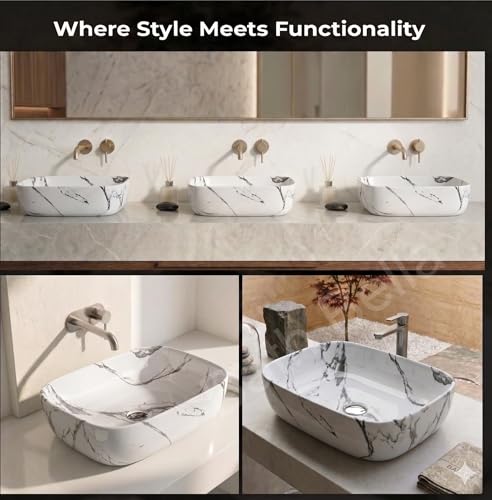 Image of Designer Ceramic Wash Basin For Bathroom | Over Counter Bathroom Basin | Counter Top Bathroom Sink | Wash Basin For Restaurant, Hotel (18 x13 x 5 Inch) (White Black Marble)