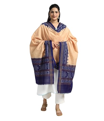 Image of Cotton Dupatta with weaving and Ikat woven border from the Weavers Stole for Girls & Women