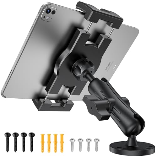 TeQable Industrial Tablet Mount for Truck&Vehicle, Heavy Duty Drill Base iPad Mount Holder for Car, Adjustable Aluminum Arm, Compatible w/ 4.7'-12.9' Devices, Perfect for Dashboard, Boats, Walls–Black