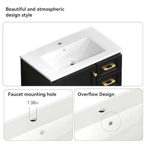 Image of KEIKI 30 inch Bathroom Vanity with Sink, Wood Cabinet with 1 Soft-Close Door & 3 Drawers, Modern Transitional Sink Cabinet for Home Bathroom, Black