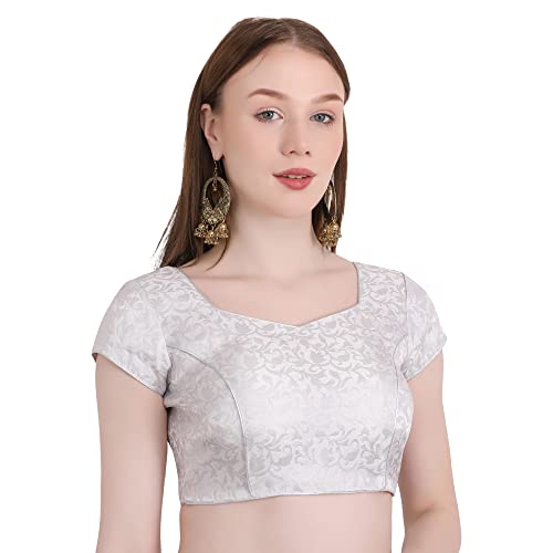 Image of Women's Short Sleeve Brocade (Chanderi) Readymade Stitched Saree Blouse Ready to Wear Half Sleeves Ladies Blouse