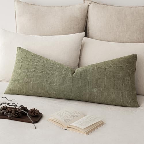 Image of Foindtower Set of 1 Decorative Linen Check Throw Pillow Cover Neutral Long Body Lumbar Cushion Cover Farmhouse Vintage Boho Home Decor for Sofa Chair Couch Bedroom Living Room,14x36 Inch,Sage Green