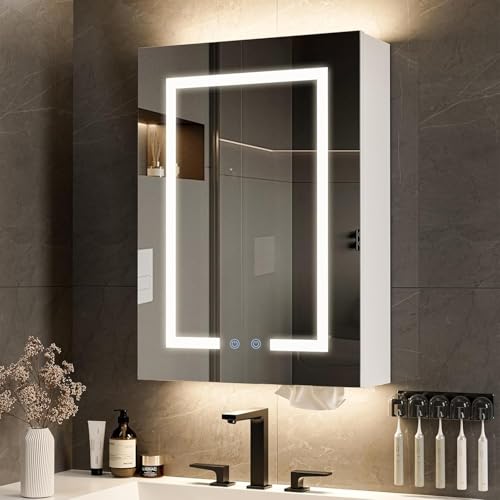 Belandi Bathroom Mirror Cabinets with Led Lights 45 x 62cm Wall Mounted Medicine Led Mirror Cabinet 3 Colors Anti Fog Dimmer with Adjustable Shelves Touch Sensor and Vertical Backlight