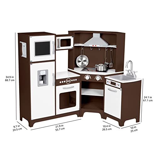Image of Amazon Basics Kids Corner Interactive Wooden Play Kitchen Set, Stove, Oven, Sink, Fridge and Accessories for Toddlers, Preschoolers, Children Age 3+ Years, Espresso /Gray, 39.37 inchL x 28.35 inchW x 35.04 inchH