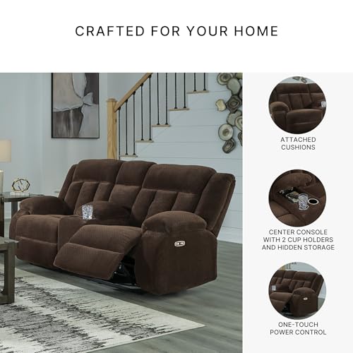 Image of Signature Design by Ashley Power Reclining Loveseat with Console, Free Wake, Wall Hugger Design with Zero-Draw USB Ports, Extra Plush Velvet Upholstery, Chocolate, 75 inch W