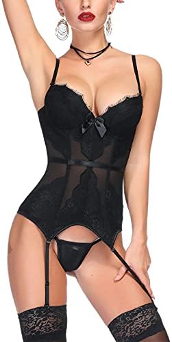 TOPMELON Corset Lingerie Set for Women with Underwire Spaghetti Strap Garter Lingerie Set Push Up Bustier Corset Waist Cincher Overbust Black