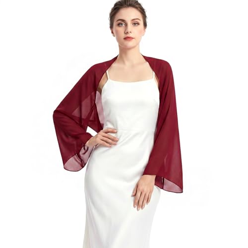 JasGood Stola Damen Festlich Chiffon Schal Sommer Eleganter Schultertuch Leicht Bolero Shrug mit Ärmel Stolan für Abendkleid Brautkleider Hochzeit Burgunderrot