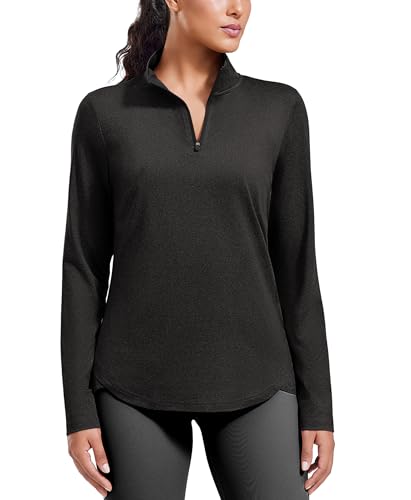 PINSPARK Long Sleeve Workout Top for Women 1/4 Zip Pullover Lightweight Yoga Gym Shirt V Neck Running Tops Loose Fit, Black Medium