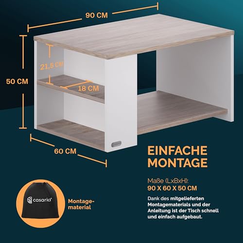Casaria® Couchtisch Holz Weiß Eiche mit Stauraum 2 Fächer Wohnzimmertisch 90x60x50cm Kratzfest 50kg Belastbar Eckig Ablage Beistelltisch Sofa Couch