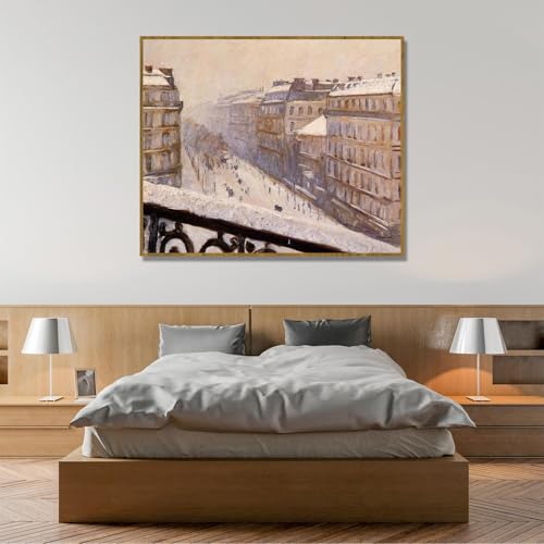Tableau Impressionniste Avenue Enneigée 30x36cm Cadre Teck