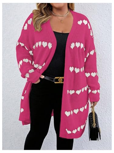 Image of MakeMeChic Women's Plus Size Long Cadigan Sweaters Casual Open Front Kint Lightweight Cadigan Heart Long Sleeve Outerwear