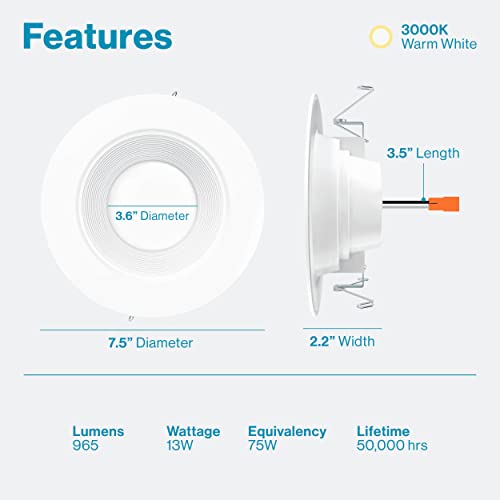 Sunco 6 Pack Led Recessed Lighting 6 Inch, 3000K Warm White, Dimmable Can Lights, Baffle Trim, 13W=120W, 965 Lm, Damp Rated, Retrofit Installation - Energy Star #TOP1