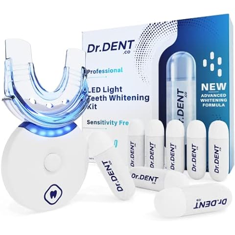 DrDent Professional LED Teeth Whitening Kit - Sensitivity Free Formula - 8 Teeth Whitening Gel Pods 33.6ml - Helps to Remove Stains - Includes Mouth Tray & Shade Guide - Rapid & Effective Results Cover