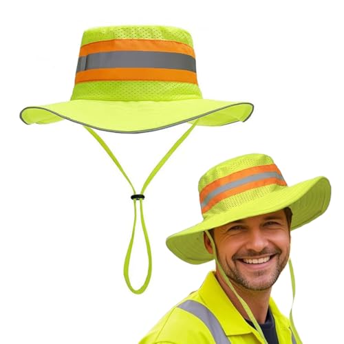 High Visibility Reflective Sun Hat Mesh Work Safety Boonie Hat UPF50+ Wide Brim Bucket Cap for Outdoor Hiking Men Women