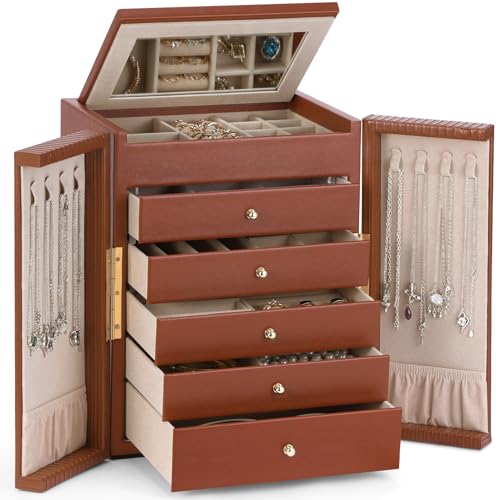 Dajasan Grande Boite a Bijoux Femme, Boite à Bijoux avec 5 Tiroirs, Boîte à Bijoux avec Double Ouverture pour Coiffeuse, Cuir Grain Vertical, Idée Cadeau...