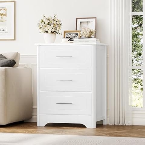 HITHOS 3 Drawer Dresser for Bedroom, 23.62" Wide Modern White Dresser, Tall Nightstand with 3 Deep Drawers, Wood Chest of Drawers, Side End Table for Living Room, Hallway, Home Office Cover