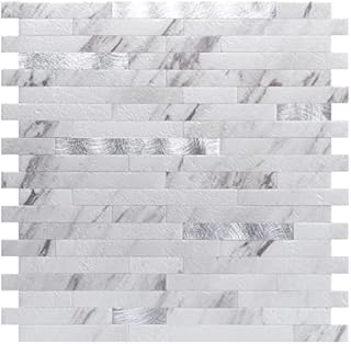 Art3d 10-Sheet Peel and Stick Stone Backsplash Tile for Kitchen, Bathroom - Volakas White Embellished with Metal Silver