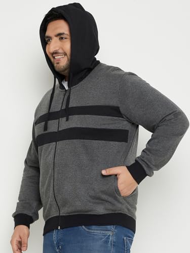 Image of AUSTIVO Men's Grey Full Sleeve Striper Hooded Plus Size Sweatshirt
