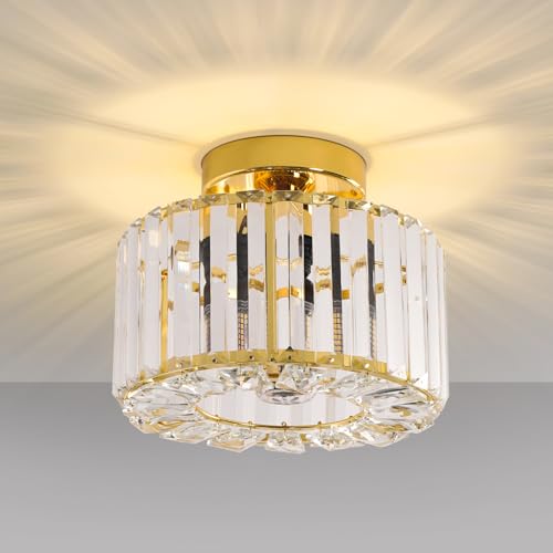 Image of FRIDEKO HOME Crystal Ceiling Light - Gold Small Chandelier Semi Flush Mount Ceiling Light Fixture Modern Lights for Hallway Bathroom Kitchen Entryway (9.05 Inch, Bulb not Included)