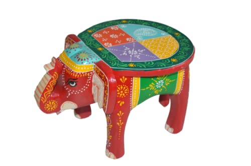 Indian Wood AFT Elephant Shaped Handcrafted and Handpainted Wooden Stool Cum Side Table || Multocolour ||ME002