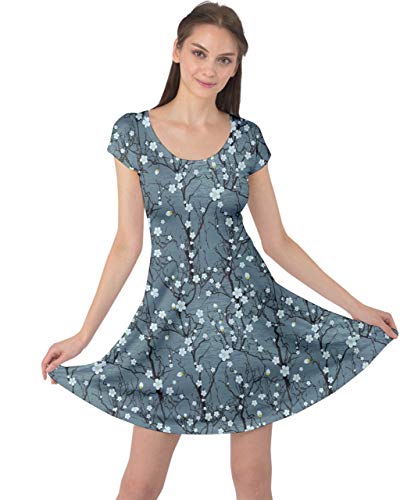 Blue Water Pattern Tree Cherry Blossom Sakura Nature Cap Sleeve Dress
