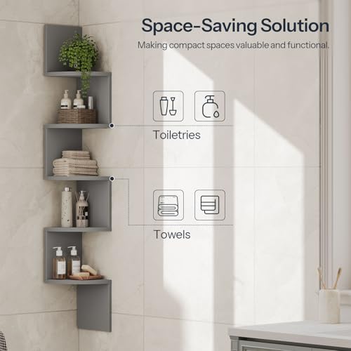 Image of HOOBRO Corner Shelf Wall-Mounted, Set of 2 Floating Corner Shelves for Wall, 5-Tier Bookshelves for Wall Decor in Living Room, Bedroom, Home Office, Dove Gray GY26BJP201