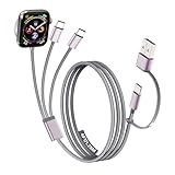 Travel Essentials for Apple Watch Charger, 3 in 2 Dual USB C Multi Charging Cable for iPhone Charger, USB C Cord Compatible with iPhone 17-15 Series/iWatch Ultra/10-1/Galaxy S25-20, iPad-Grey, 4FT