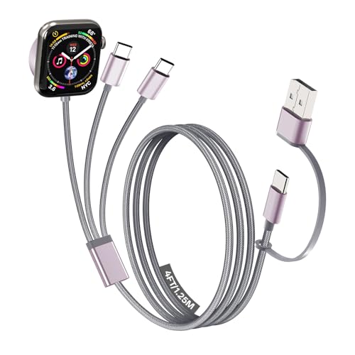Travel Essentials for Apple Watch Charger, 3 in 2 Dual USB C Multi Charging Cable for iPhone Charger, USB C Cord Compatible with iPhone 17-15 Series/iWatch Ultra/10-1/Galaxy S25-20, iPad-Grey, 4FT