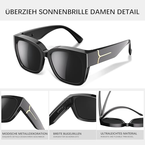 Wrimen überzieh sonnenbrille-Damen und Herren-Polarisiert Sonnenbrille über normale brille-Quadratisch überbrille-Groß Sonnenüberbrille für brillenträger-over glasses sunglasses-mit uv schutz-Schwarz
