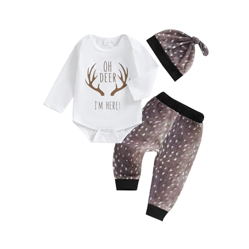 Image of xkwyshop Infant Baby Boy Fall Outfit Letter Deer Antler Long Sleeve Romper Jumpsuit Long Pants Hat 3Pc Hunting Clothes Set (White, 0-3 Months)