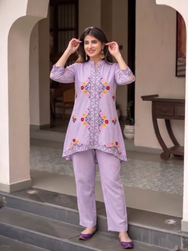 Image of ANNI Designer Women Kurta Set | Cotton Embroidered A-Line Kurta with Pant Co-ord Set | 3 /4 Sleeve Mandarin Collar Kurti Set for Women | Daily Office Party Wedding Ethnic Suit