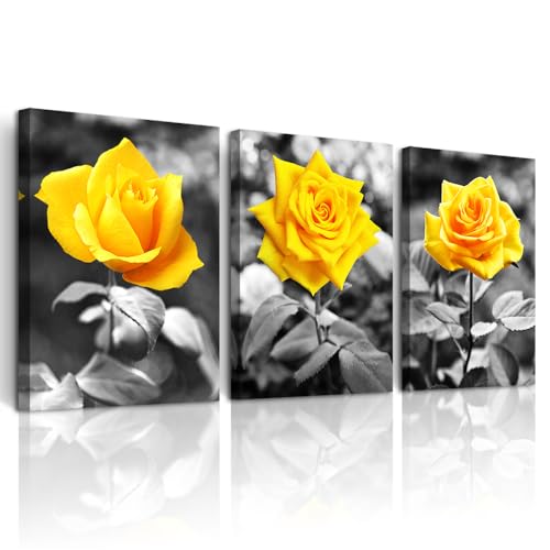 DZRWUBHS Canvas Wall Decoration For Living Room Framed Wall Art For Bedroom Black And White Prints Pictures Yellow Rose Flowers Paintings Artworks Modern Bathroom Kitchen office Walls Decor 3 Piece