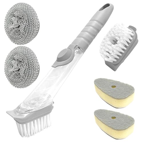 Image of Soap Dispensing Dish Brush, Soap Control Dishwand with 2 Sponge Heads 2 Replaceable Heads 2 Wire Ball Heads Handle Non-Scratch Brush Scrubber for Kitchen Dishes Pots Pans Sink Cleaning
