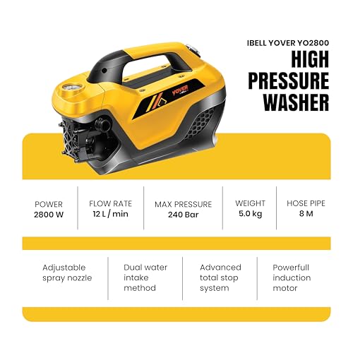 Image of IBELL YO2800 High Pressure Washer, 2800W Induction Motor, 240 Bar Car Washer High Pressure Gun, 12 L /Min Flow, 8M Hose, Portable Pressure Washer for Car, Bike, Home & Outdoor Cleaning