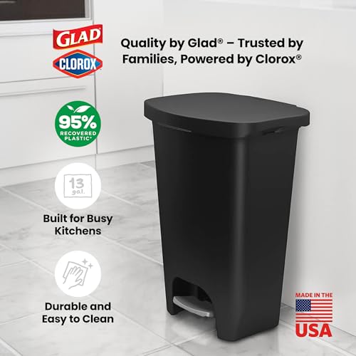 Image of Glad Kitchen Trash Can with Lid, Foot Pedal and Garbage Bag Rings, 13 Gal, Black